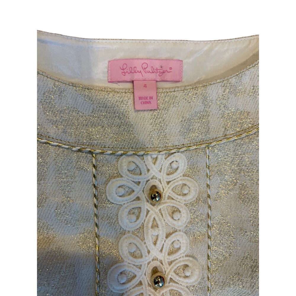 LILLY PULITZER Gold Metallic Dress Sz 4 Jacqueline Shift White Lace Bib - Picture 4 of 9